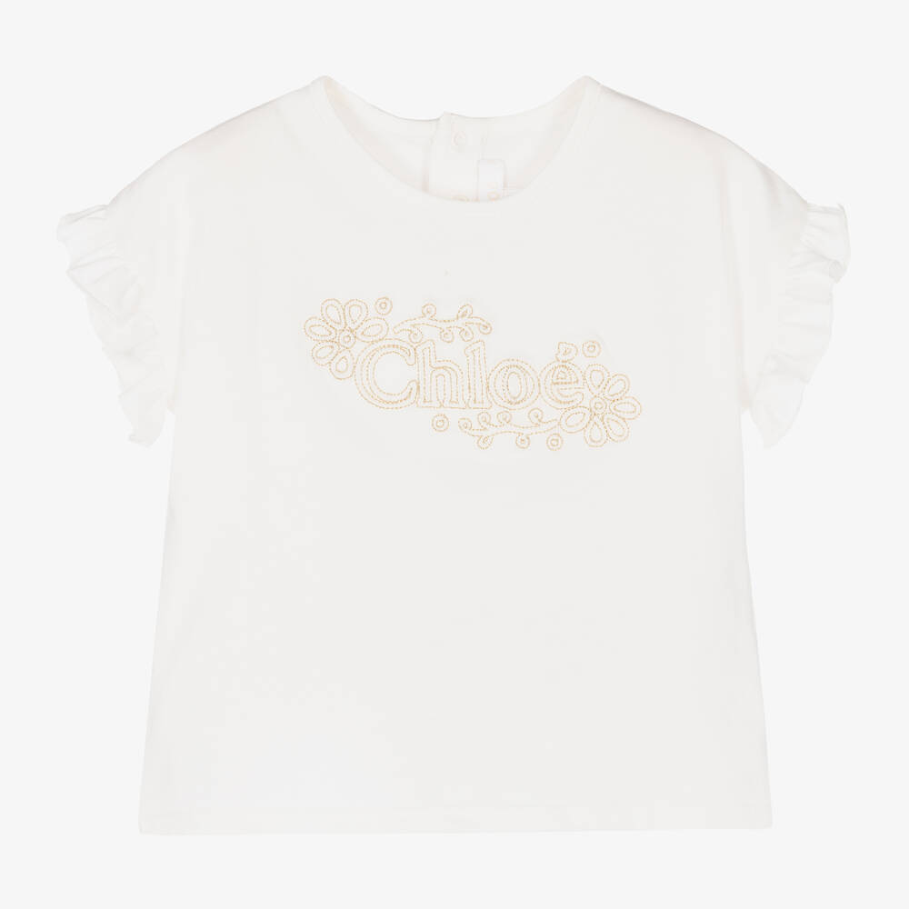 Chloé - Girls Ivory Embroidered Cotton T-Shirt | Childrensalon