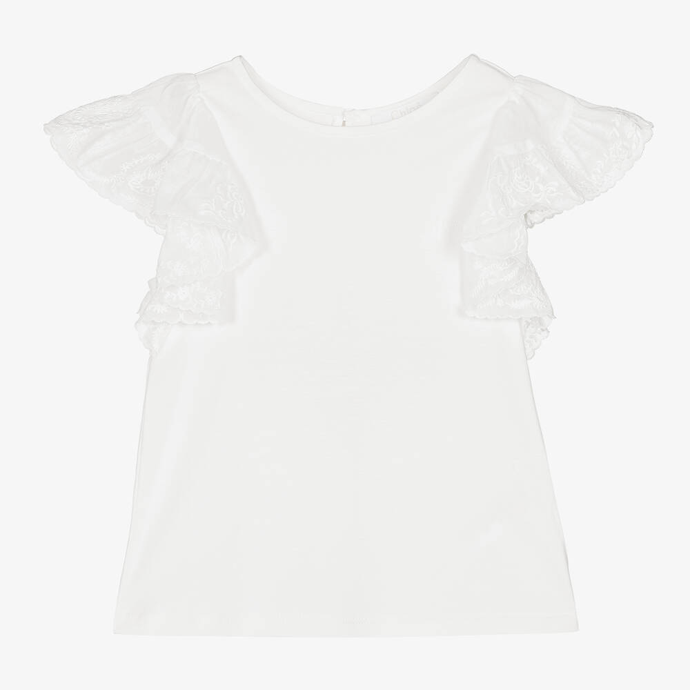 Chloé - Girls Ivory Embroidered Ruffle Top | Childrensalon