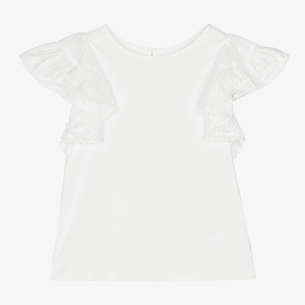 Chloé-Girls Ivory Embroidered Ruffle Top | Childrensalon Outlet