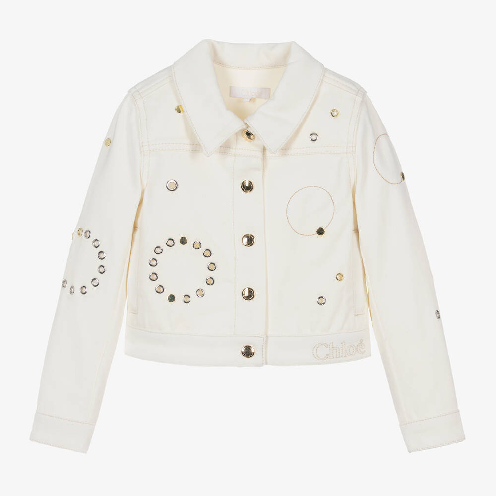 Chloé-جاكيت Eyelet قطن دنيم لون عاجي للبنات | Childrensalon Outlet