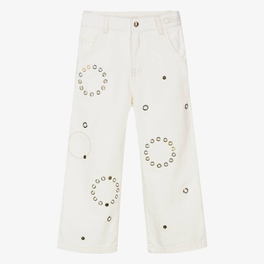 Chloé-Girls Ivory Eyelet Denim Jeans | Childrensalon Outlet
