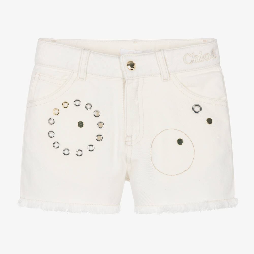 Chloé-Girls Ivory Eyelet Denim Shorts | Childrensalon Outlet