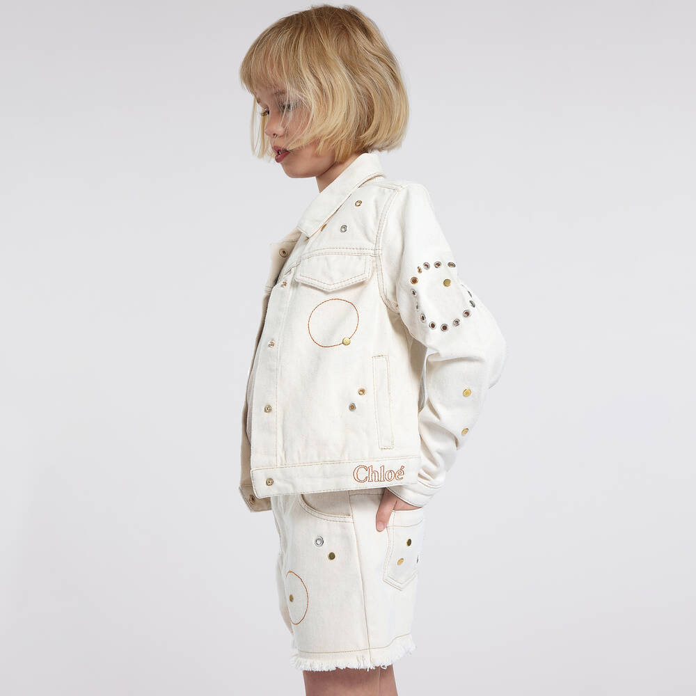 Chloé-شورت Eyelet قطن دنيم لون عاجي للبنات | Childrensalon Outlet