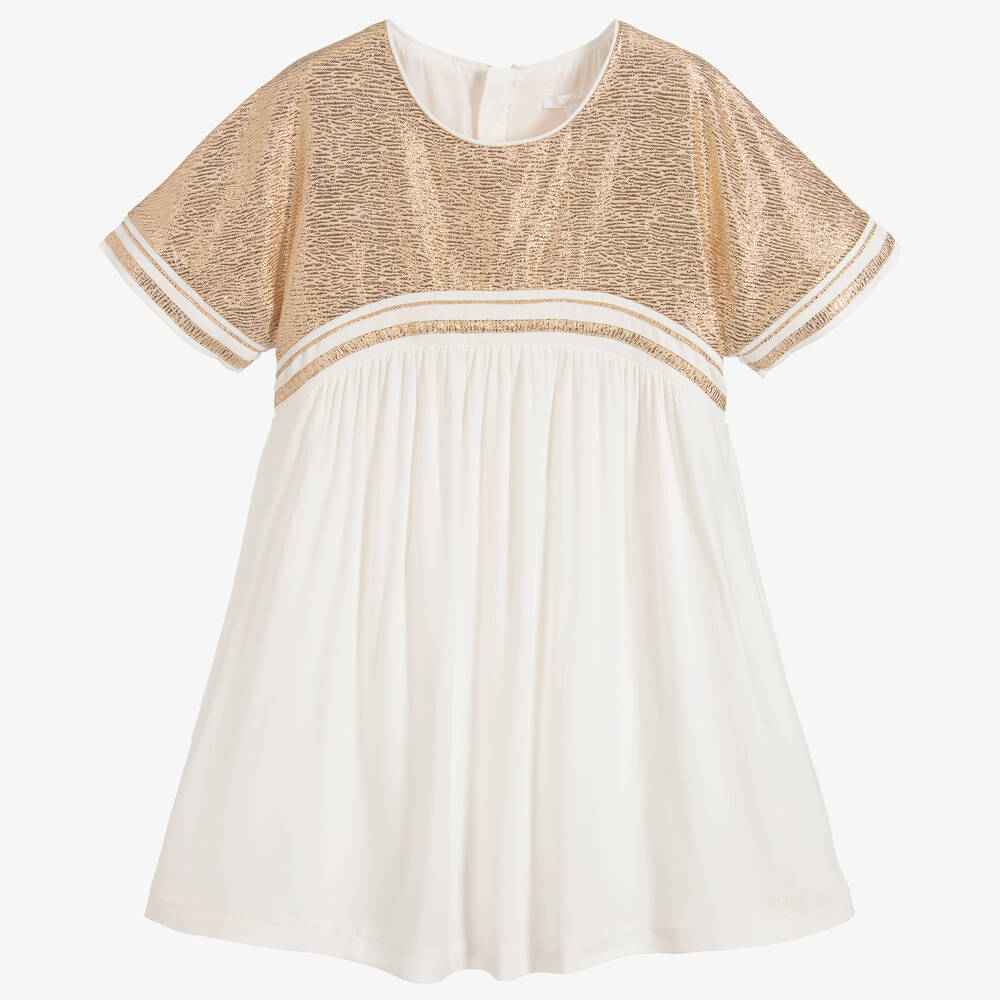 Chloé-Girls Ivory & Gold Crêpe Dress | Childrensalon Outlet
