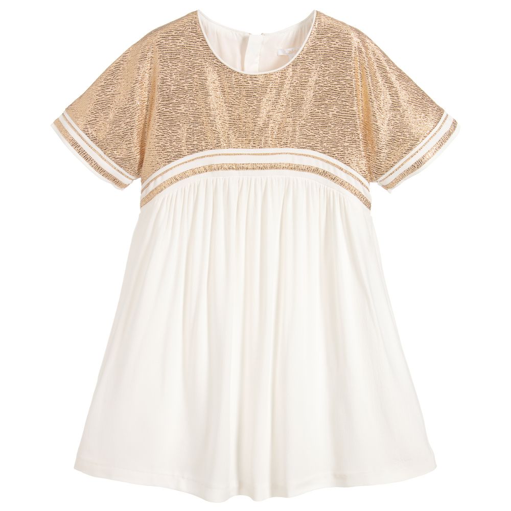 Chloé - فستان كريب لون عاجي و ذهبي  | Childrensalon