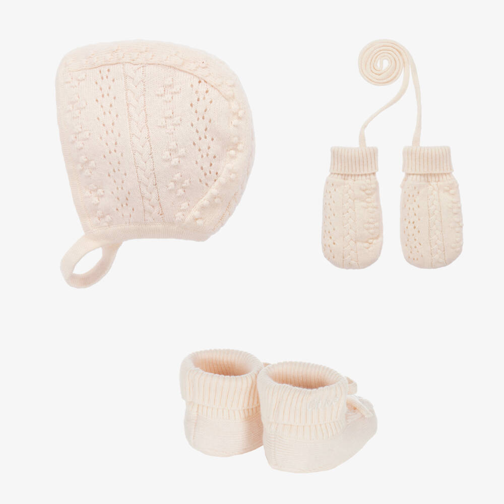 Chloé-Girls Ivory Knitted Hat & Booties Set | Childrensalon Outlet