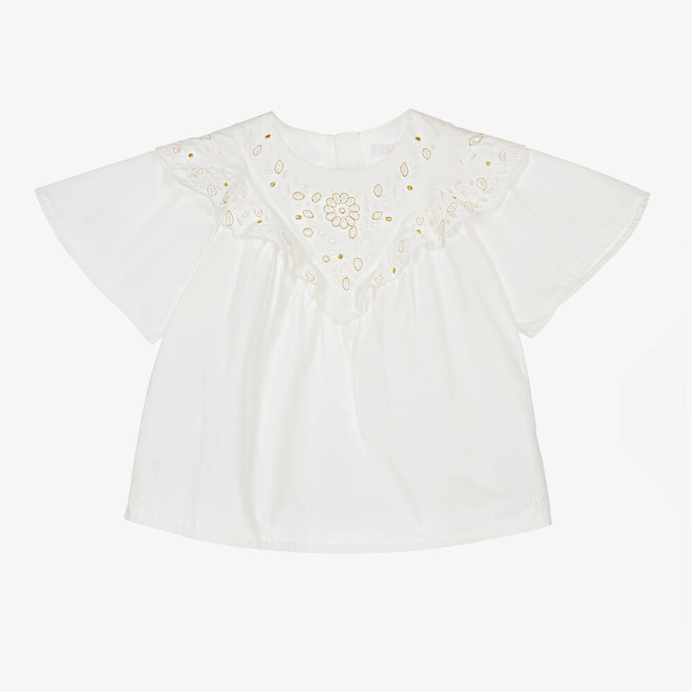 Chloé - Кремовая блузка из органического хлопка с прорезной вышивкой | Childrensalon