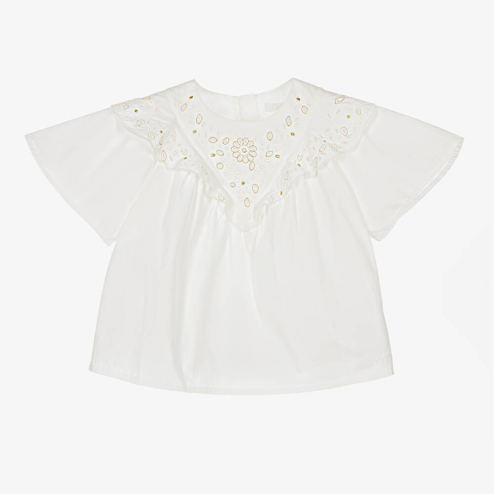 Chloé - Girls Ivory Organic Cotton Cutwork Blouse | Childrensalon