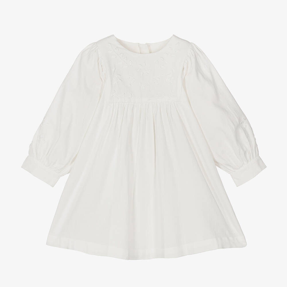 Chloé - Girls Ivory Organic Cotton Embroidered Dress | Childrensalon