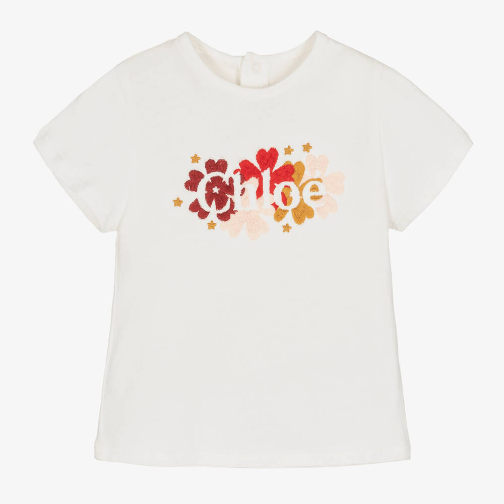 Chloé - Girls Ivory Organic Cotton Embroidered T-Shirt | Childrensalon
