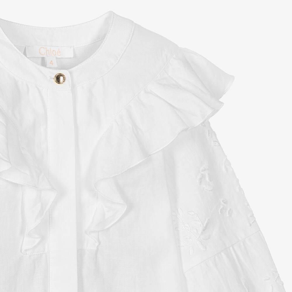 Chloé - Girls Ivory Organic Cotton Ruffle Blouse