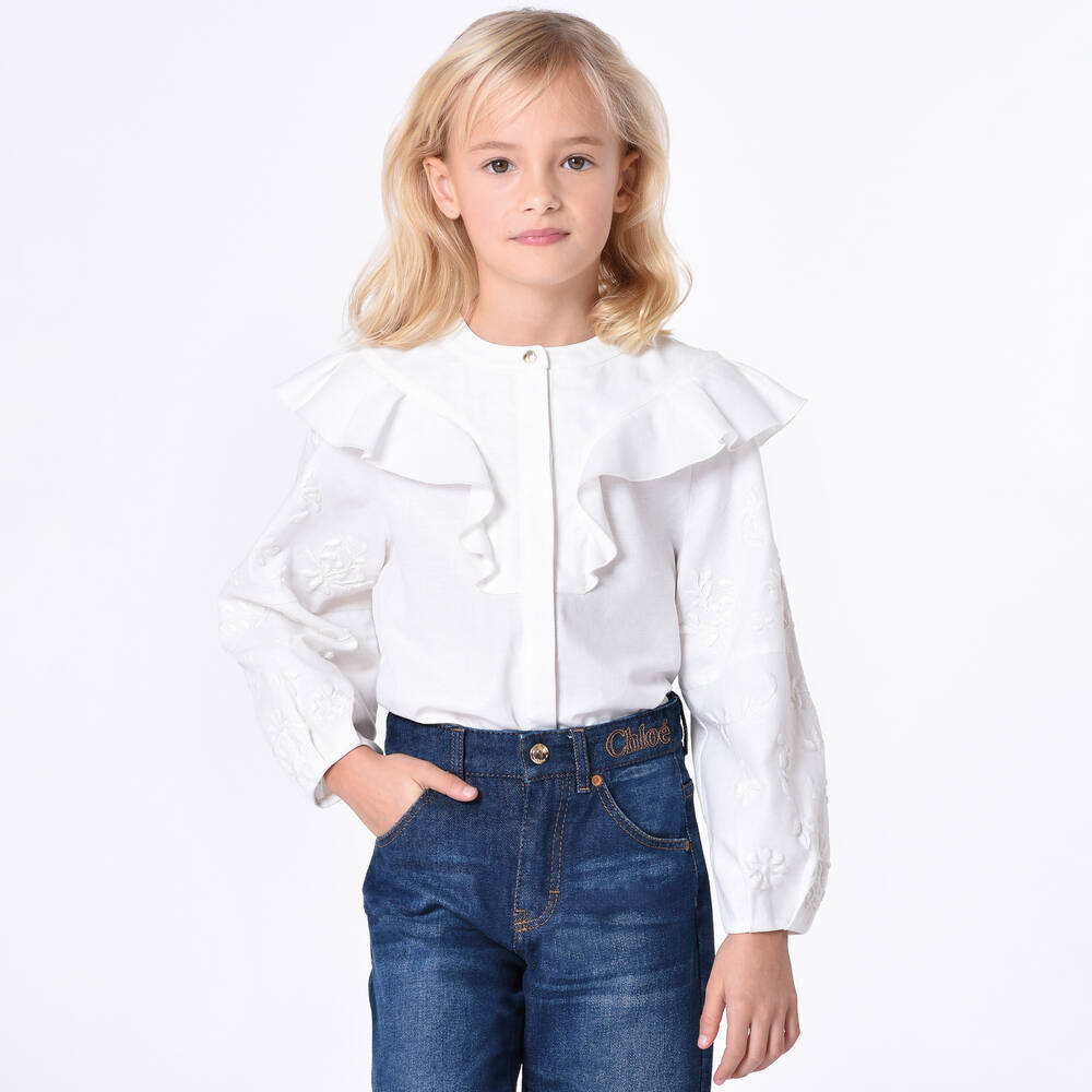 Chloé-Girls Ivory Organic Cotton Ruffle Blouse | Childrensalon Outlet