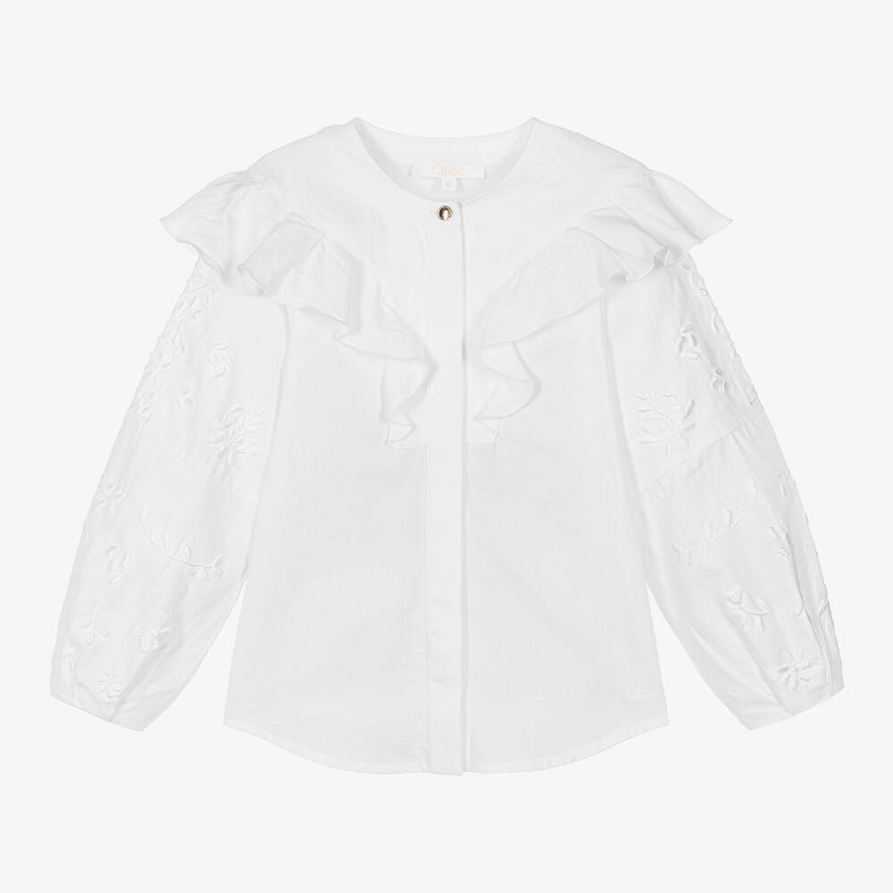 Chloé - Girls Ivory Organic Cotton Ruffle Blouse | Childrensalon