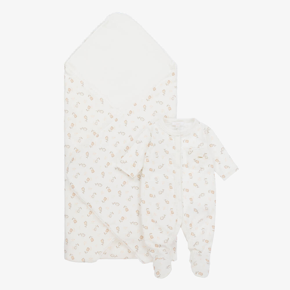 Chloé-طقم أفرول قطن لون عاجي للمولودات | Childrensalon Outlet