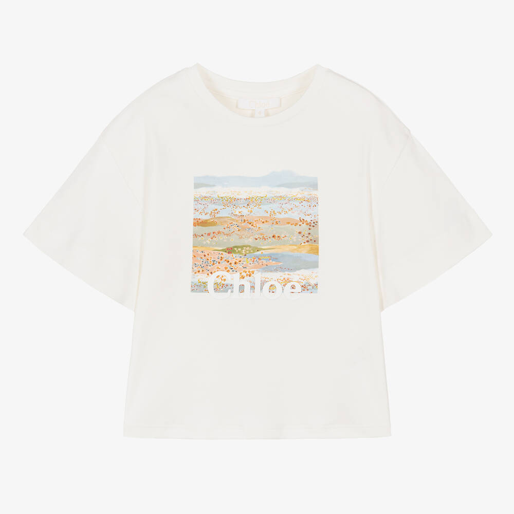 Chloé - Girls Ivory Organic Cotton T-Shirt | Childrensalon