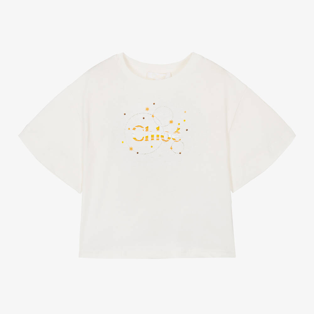 Chloé-Girls Ivory Organic Cotton T-Shirt  | Childrensalon Outlet