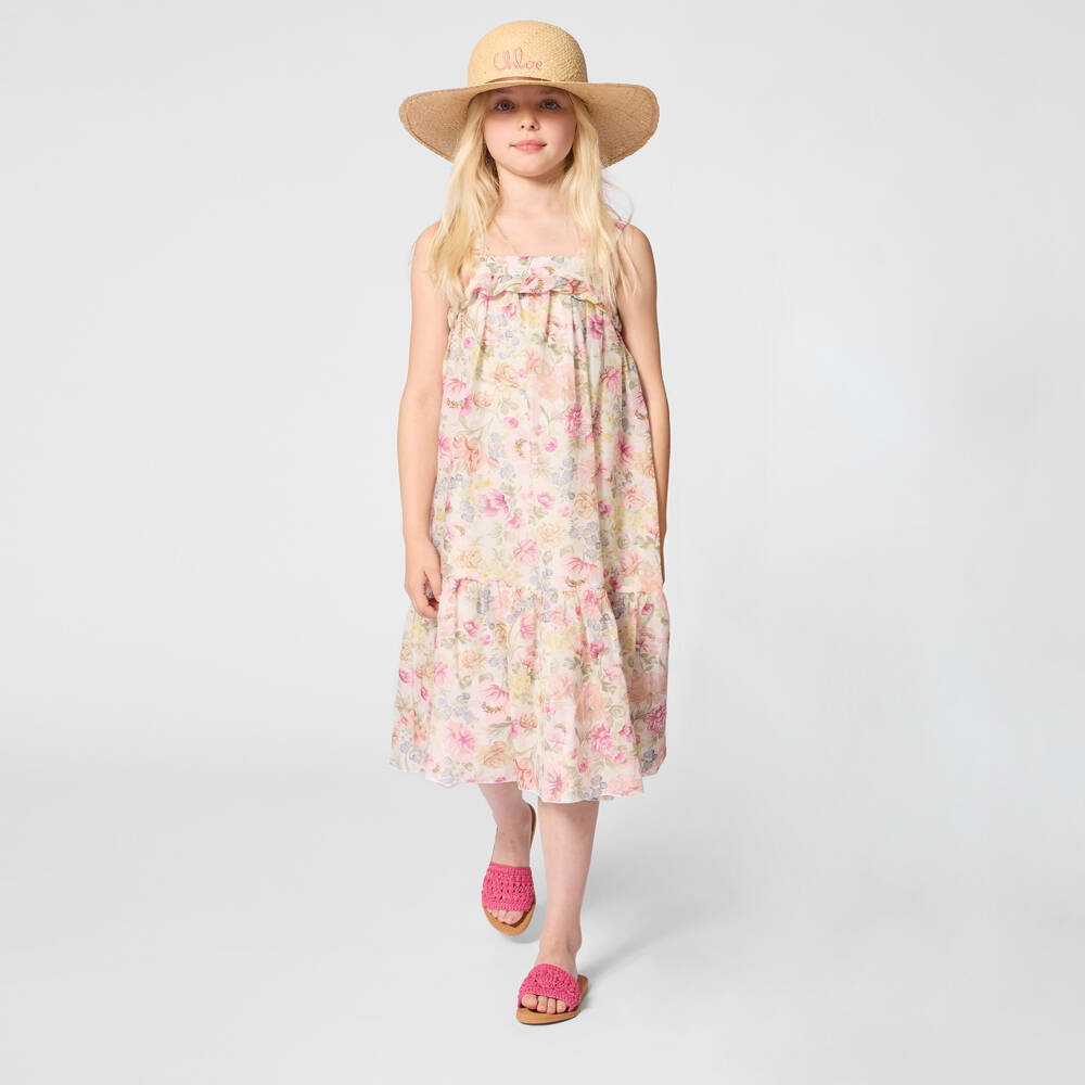 Chloé-Girls Ivory & Pink Floral Cotton Summer Dress | Childrensalon Outlet
