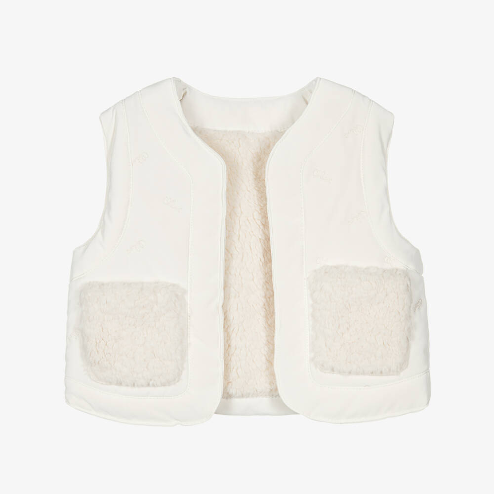 Chloé-Girls Ivory Reversible Sherpa Gilet with Embroidered Logos | Childrensalon Outlet
