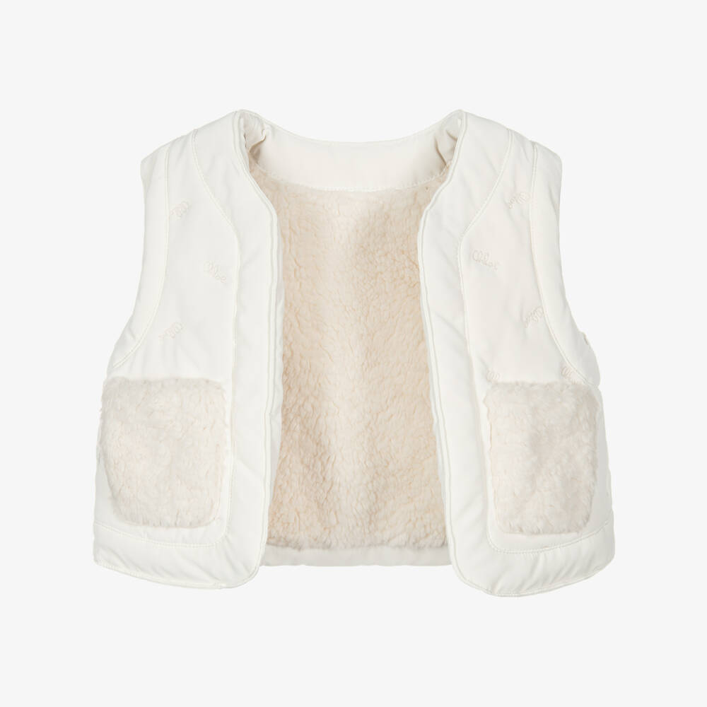 Chloé-Girls Ivory Reversible Sherpa Gilet with Embroidered Logos | Childrensalon Outlet