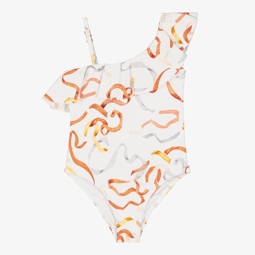 Chloé - Girls Ivory Ribbon Print Swimsuit | Childrensalon