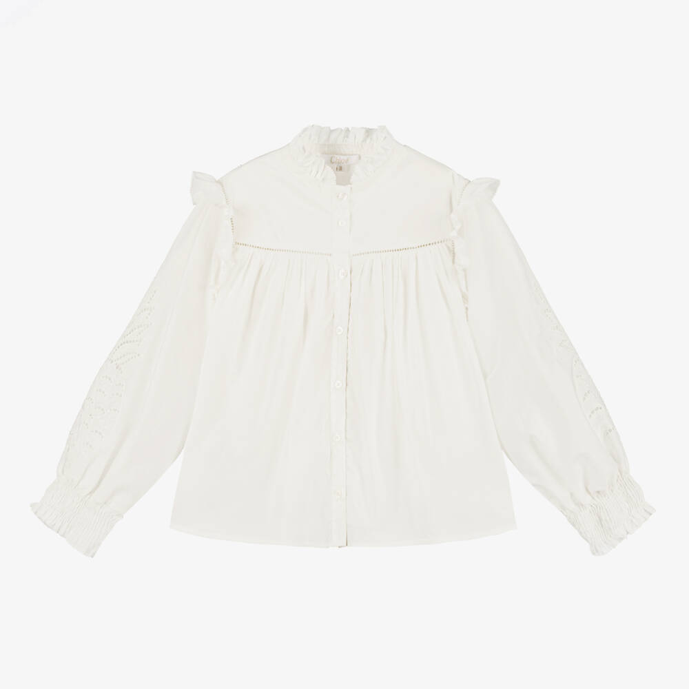 Chloé-بلوزة قطنية عاجية للبنات مع كشكشات | Childrensalon Outlet