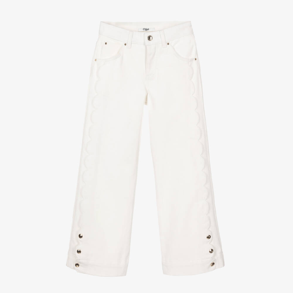 Chloé-بنطلون جينز عاجي للبنات بحواف مموجة | Childrensalon Outlet