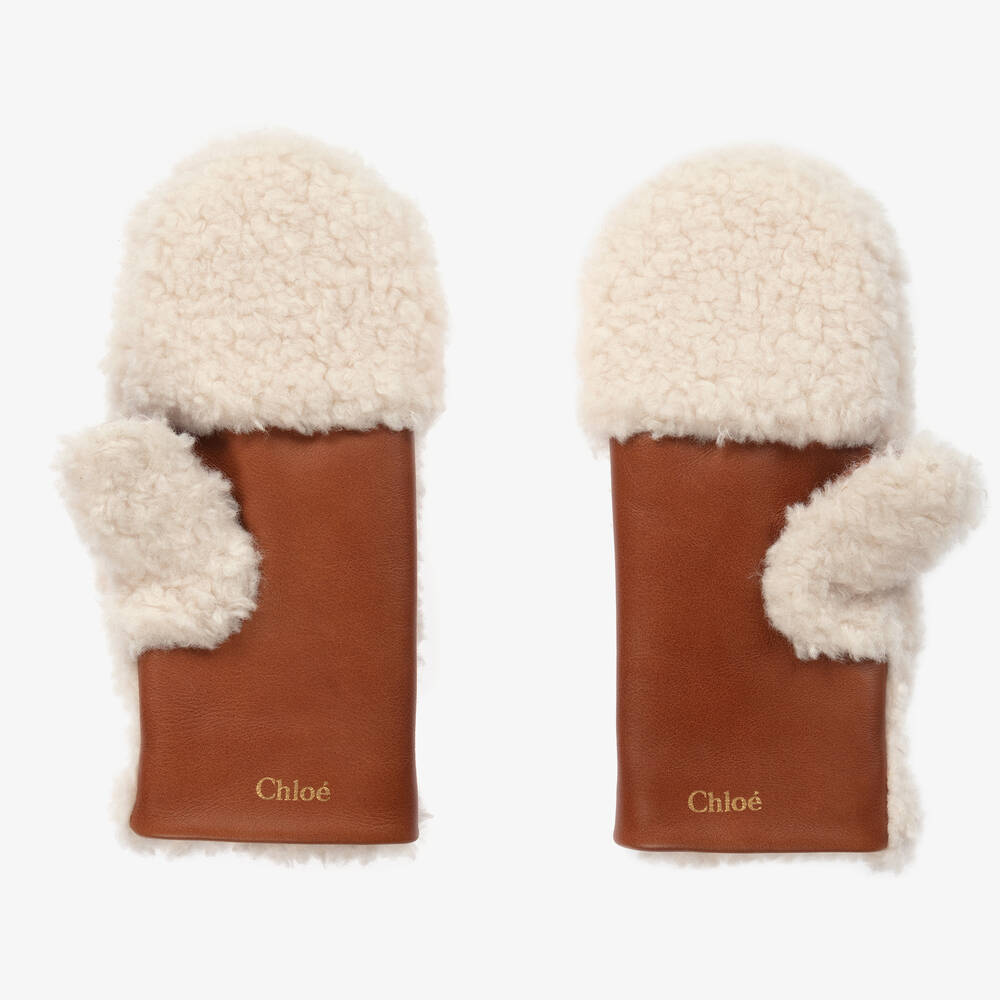 Chloé-Кремовые варежки из шерпы и кожи | Childrensalon Outlet