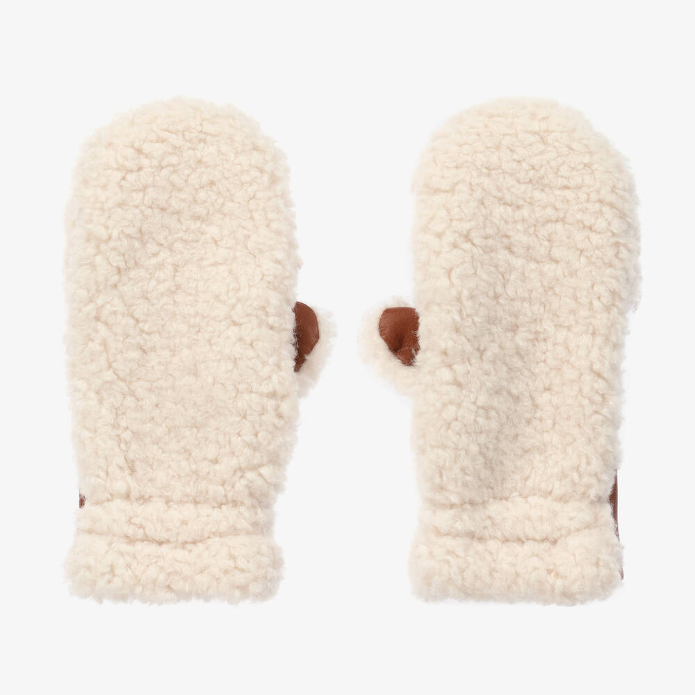 Chloé - Girls Ivory Sherpa & Leather Mittens | Childrensalon