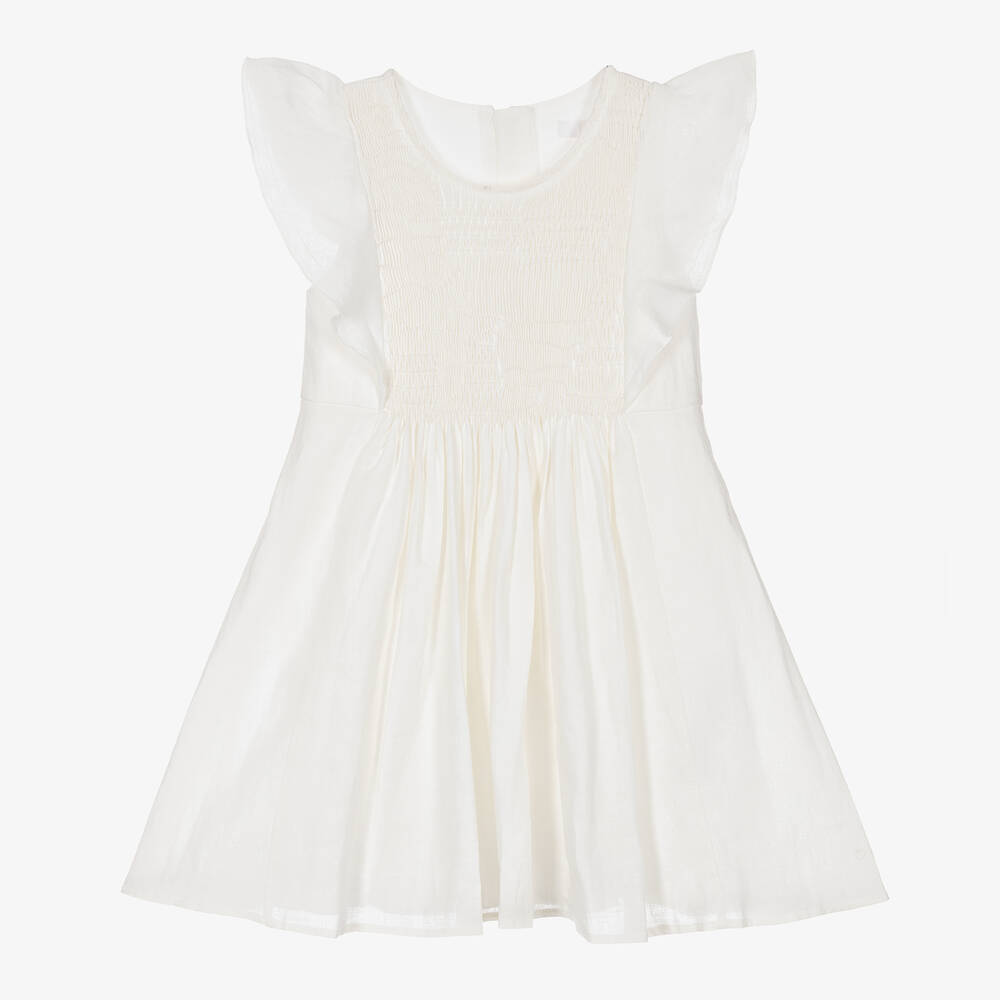 Chloé - Robe ivoire smockée en lin fille | Childrensalon