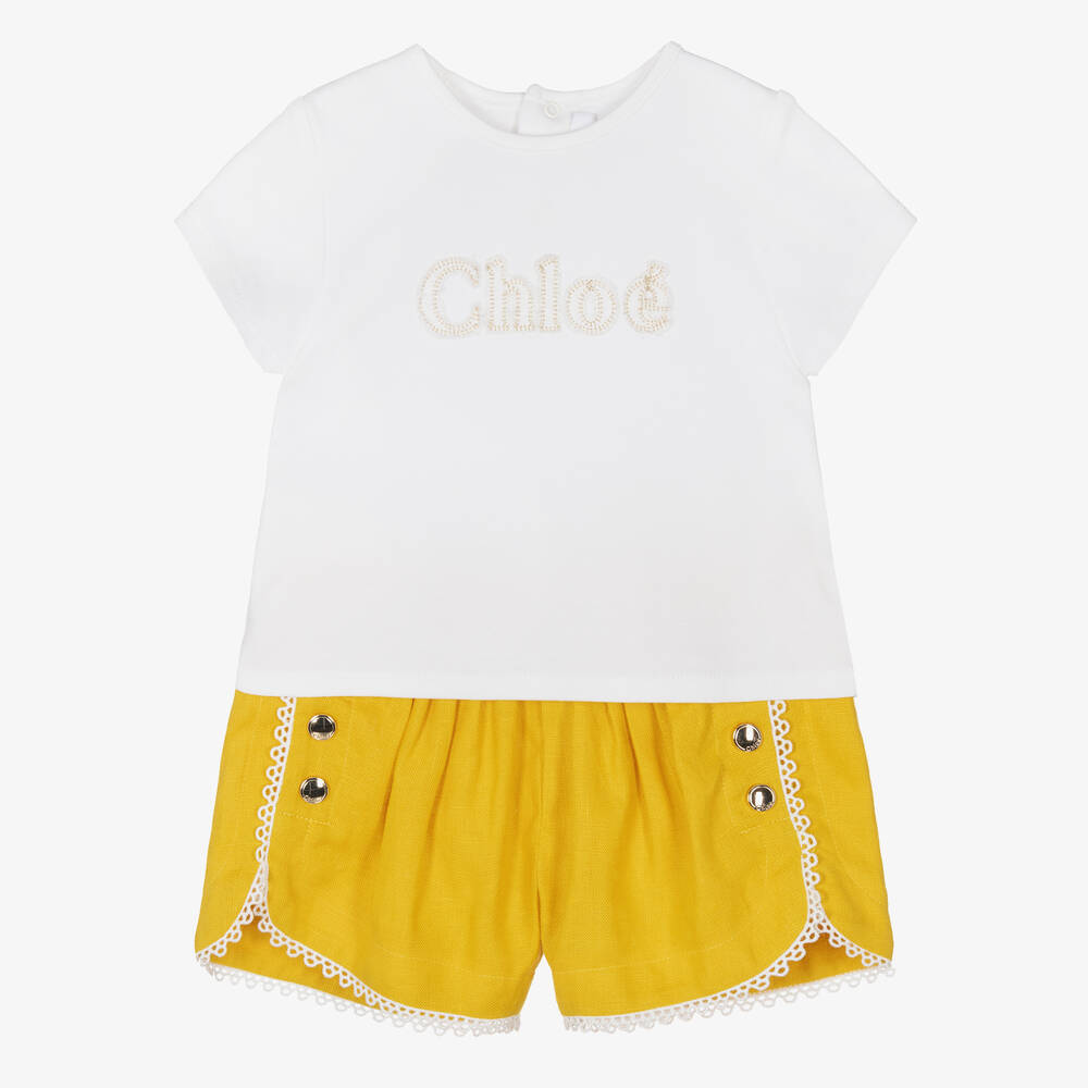 Chloé - طقم شورت أطفال بناتي قطن وكتان لون عاجي وأصفر | Childrensalon
