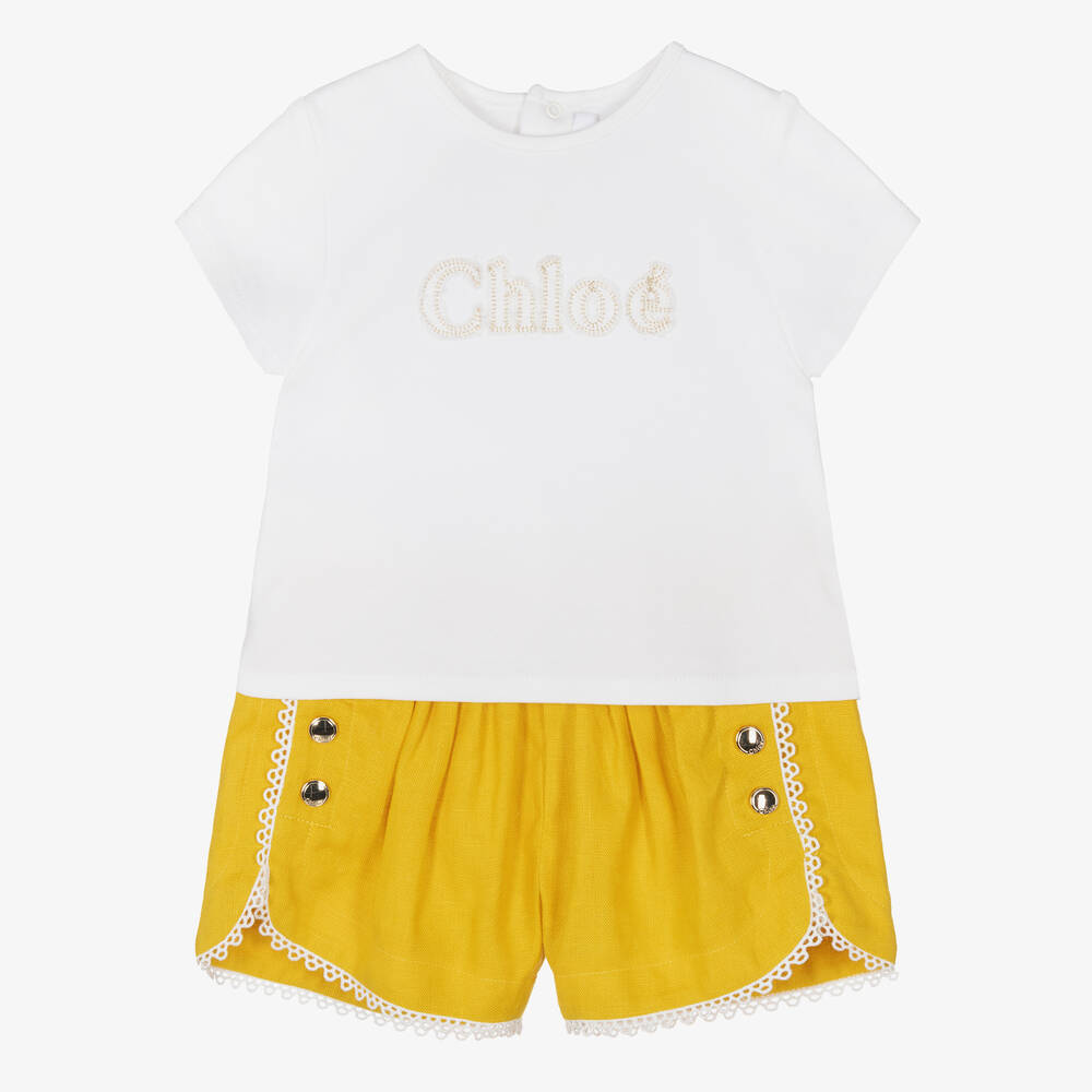 Chloé-Girls Ivory Top & Yellow Linen Shorts Set | Childrensalon Outlet