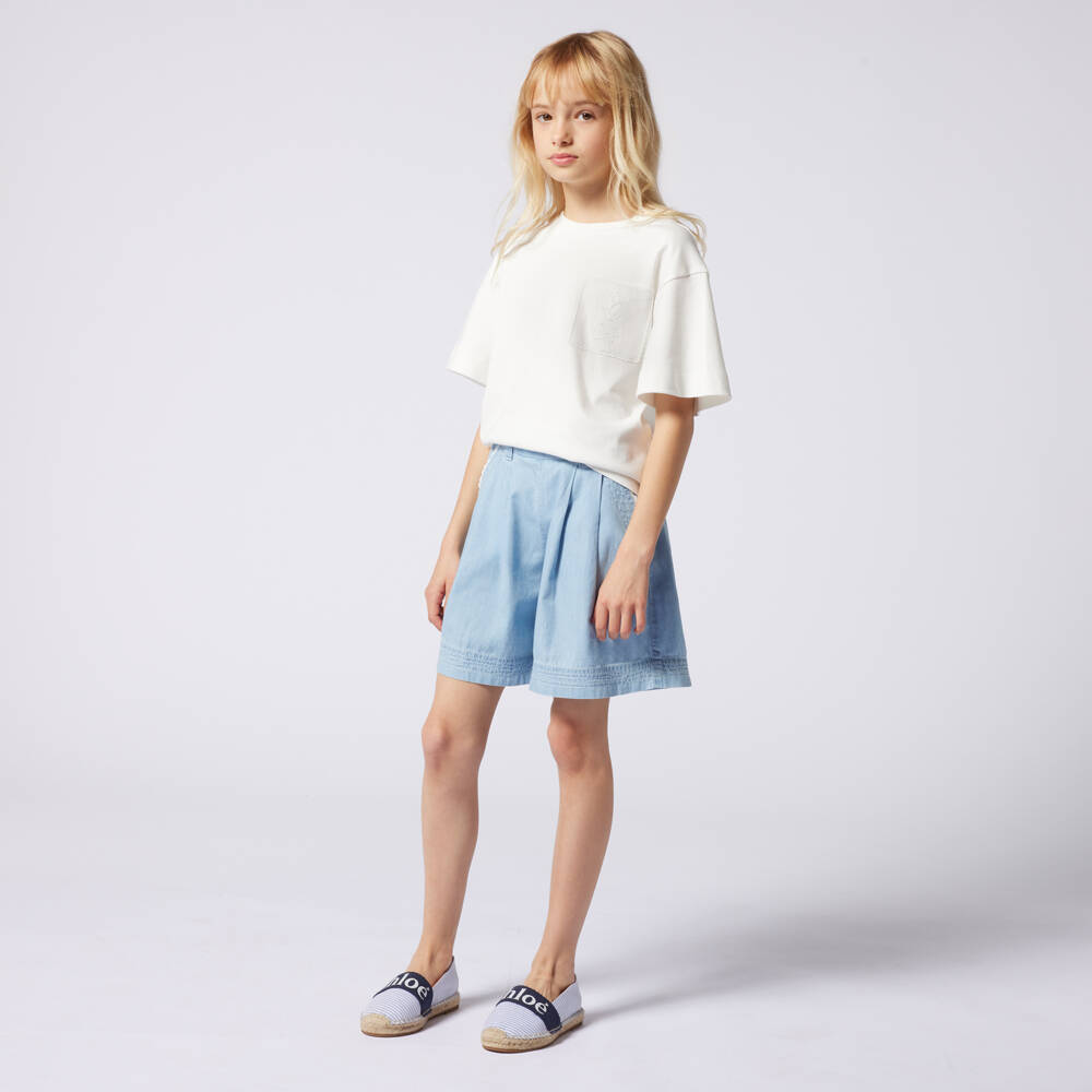 Chloé-Girls Light Blue Chambray Bermudas | Childrensalon Outlet