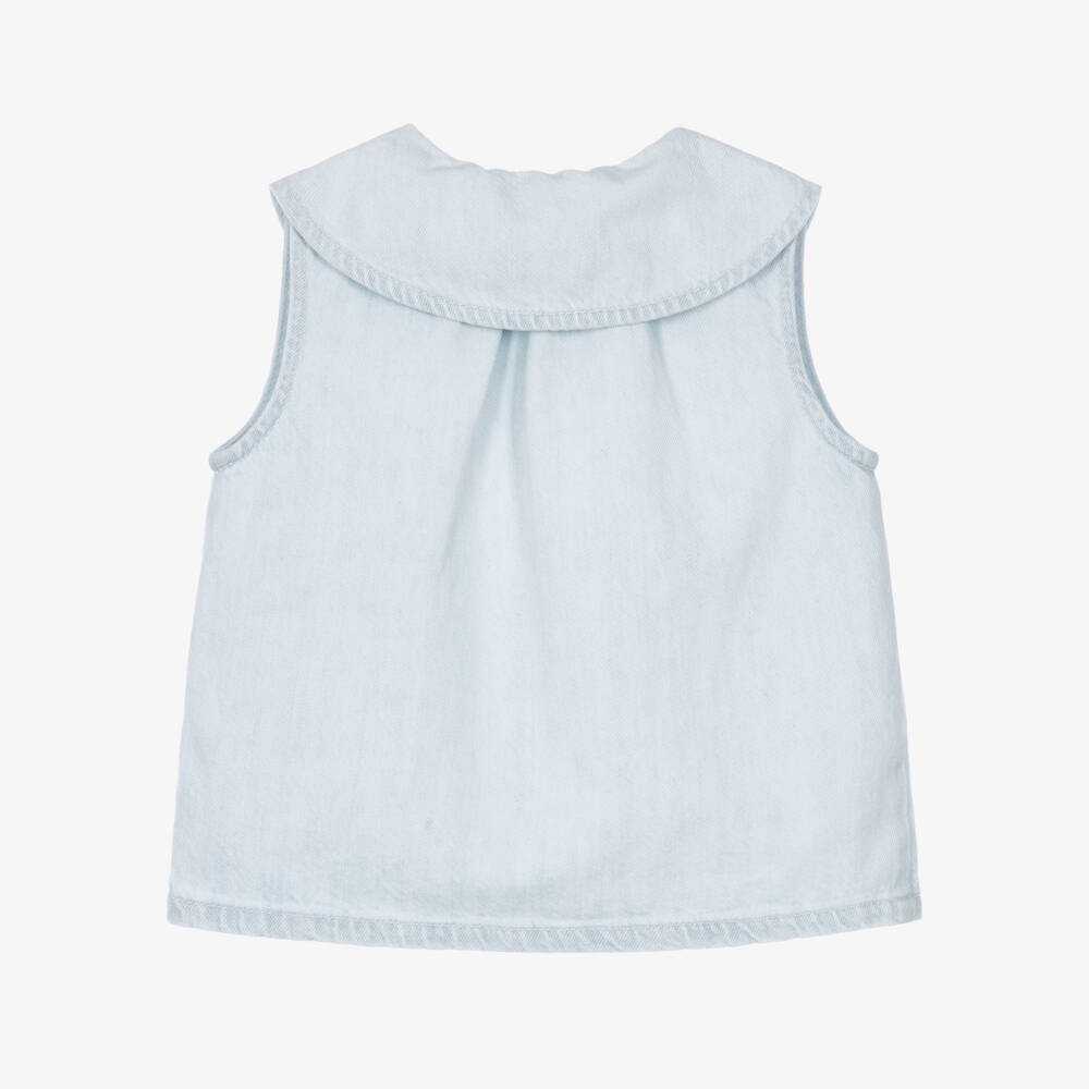 Chloé-Girls Light Blue Denim Blouse with Embroidered Collar | Childrensalon Outlet