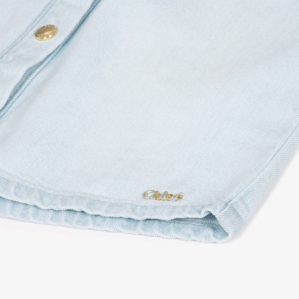 Chloé-Girls Light Blue Denim Blouse with Embroidered Collar | Childrensalon Outlet