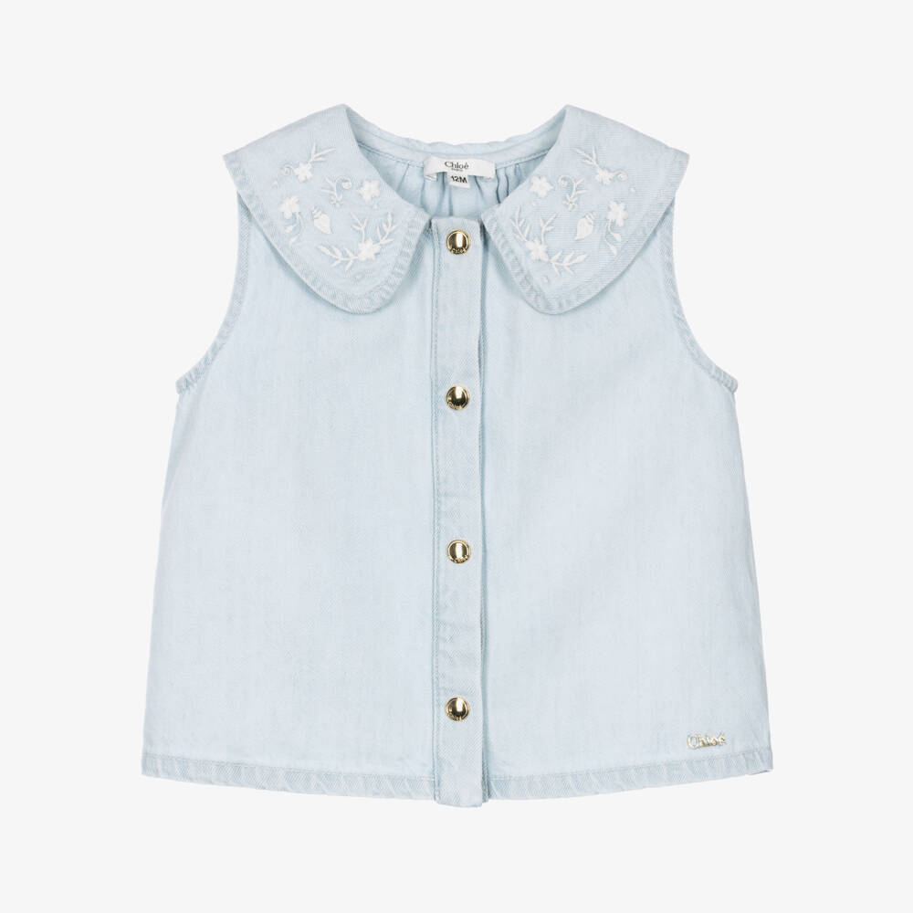 Chloé-Girls Light Blue Denim Blouse with Embroidered Collar | Childrensalon Outlet