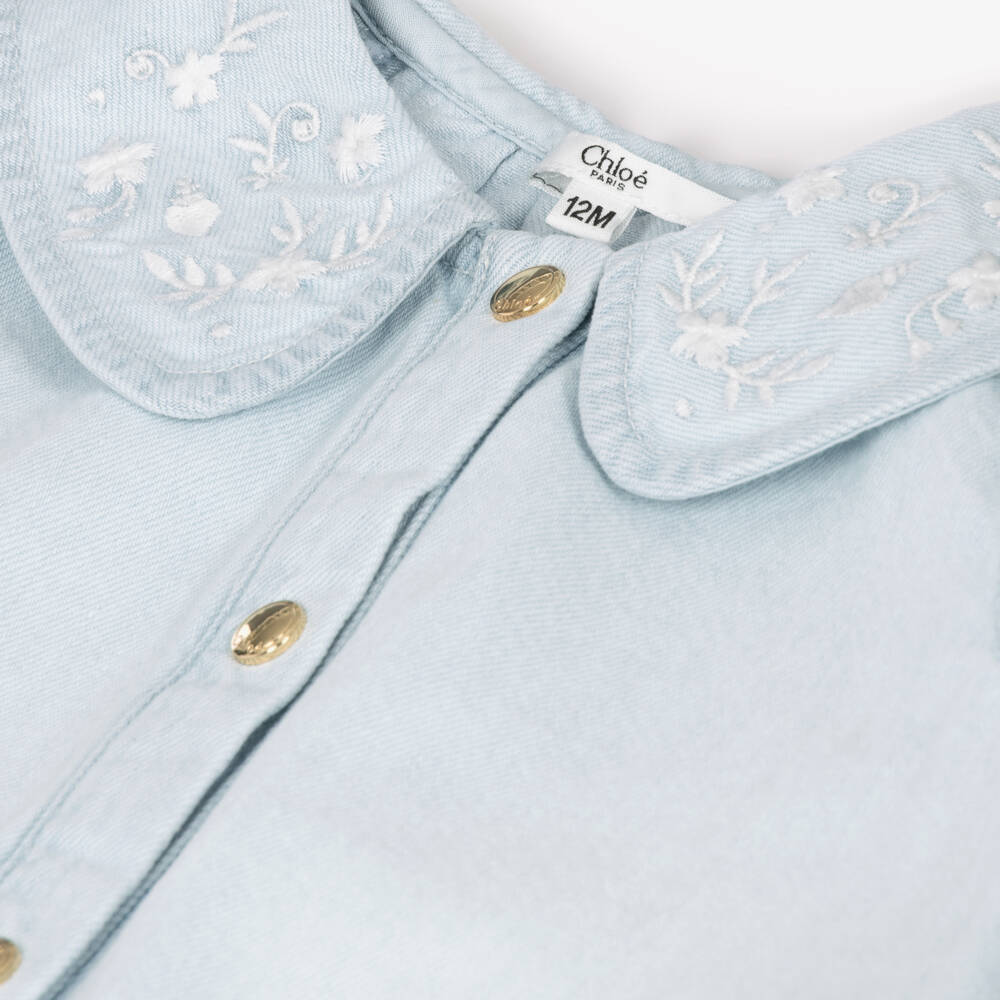 Chloé-Girls Light Blue Denim Blouse with Embroidered Collar | Childrensalon Outlet