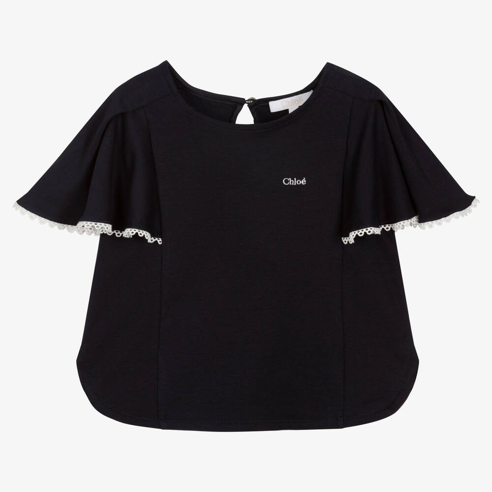 Chloé - Girls Navy Blue Angel Sleeve Top | Childrensalon