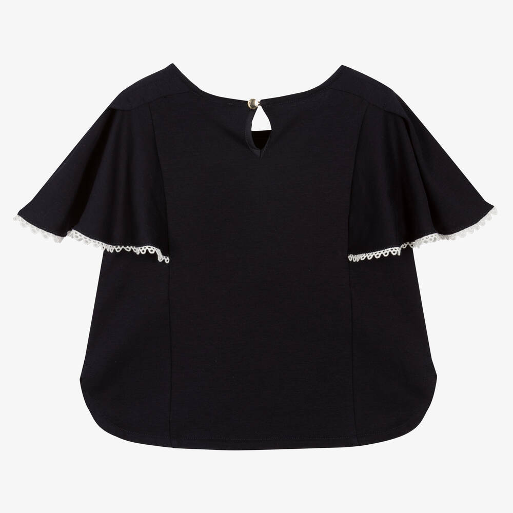 Chloé-Girls Navy Blue Angel Sleeve Top | Childrensalon Outlet