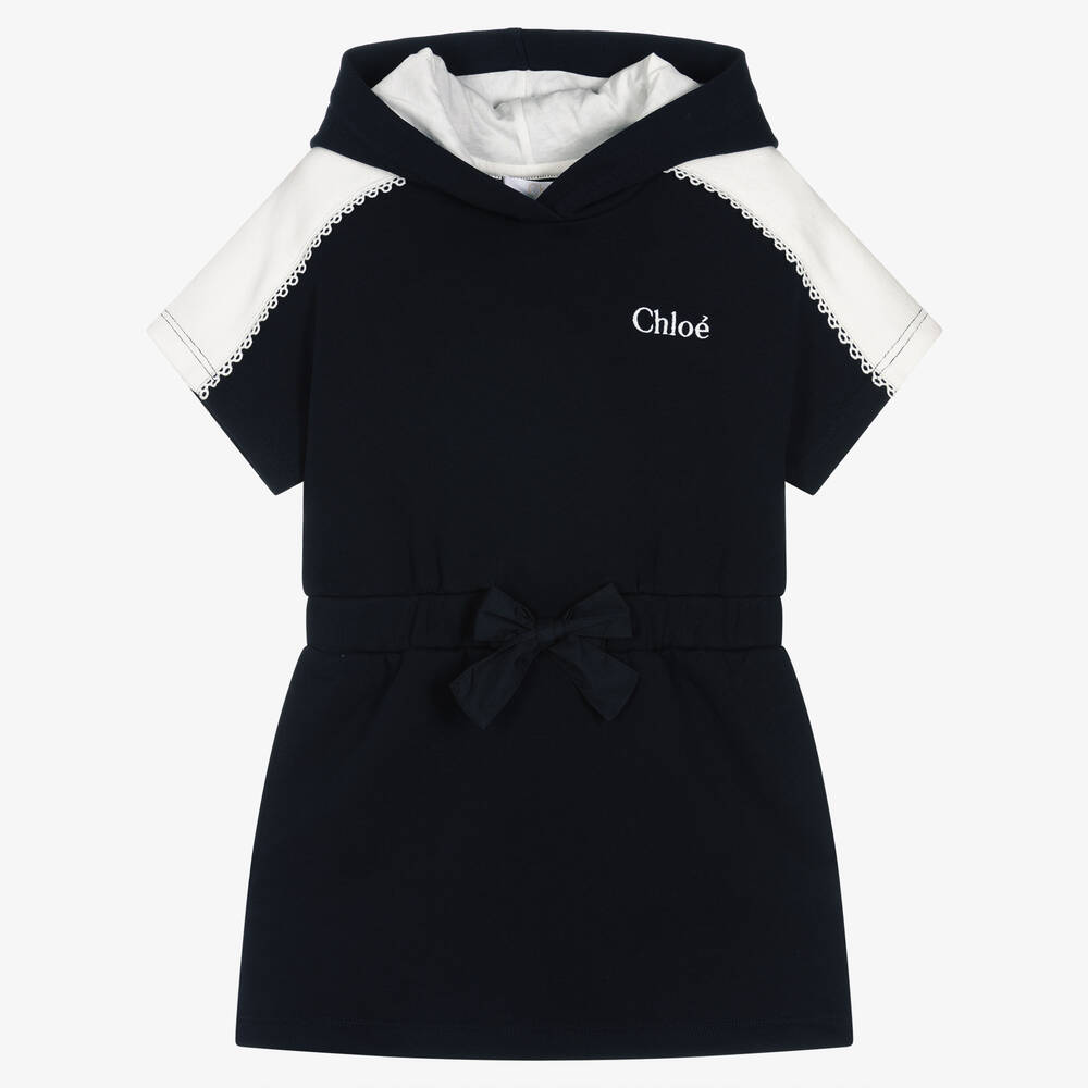 Chloé - Girls Navy Blue Cotton Logo Hoodie Dress | Childrensalon