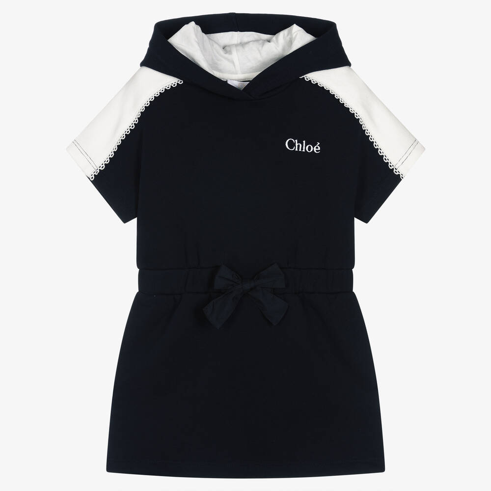 Chlo Girls Navy Blue Cotton Logo Hoodie Dress Childrensalon