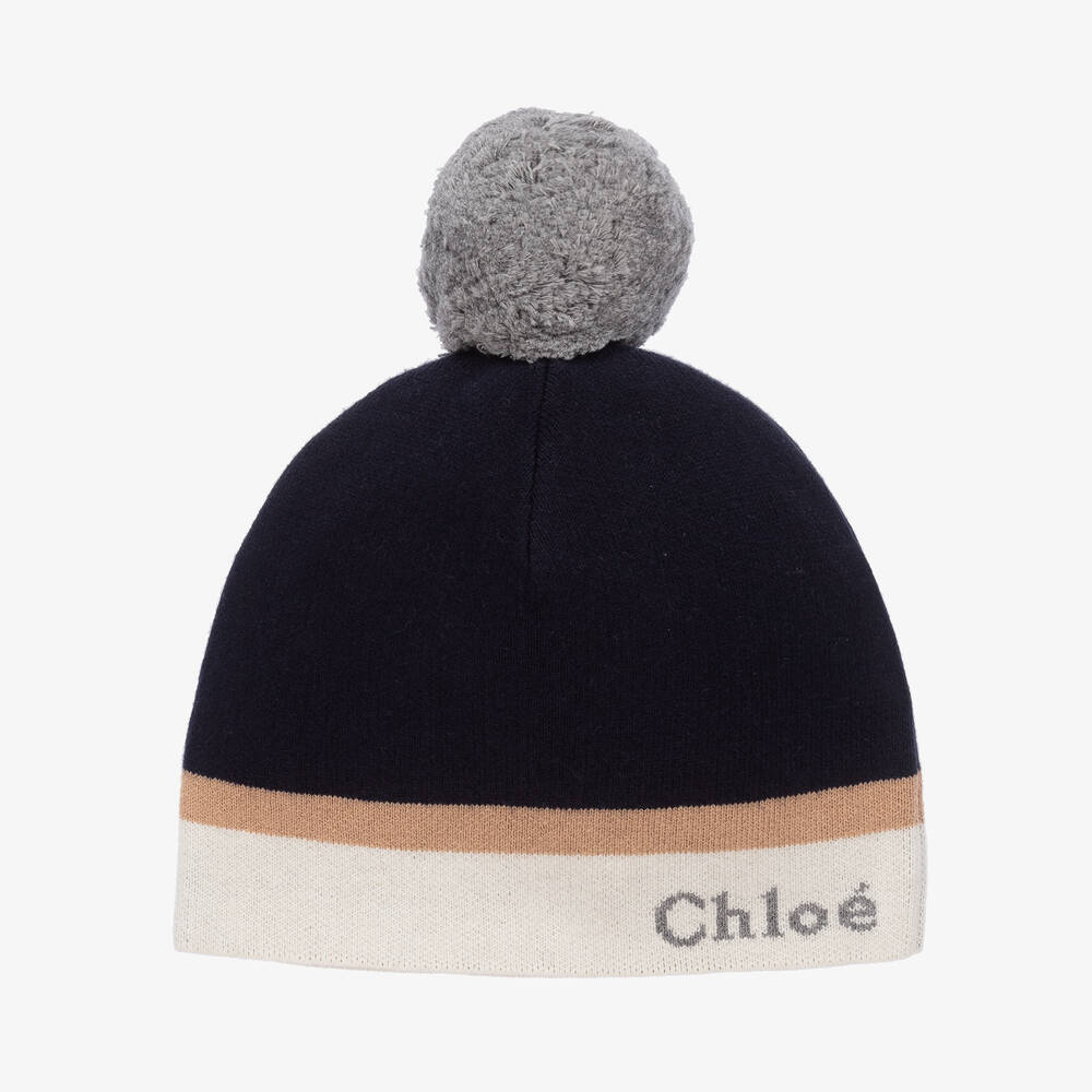 Chloé - Girls Navy Blue Cotton & Wool Knit Hat | Childrensalon