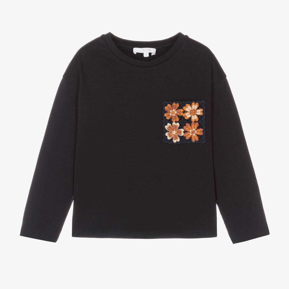 Chloé - Girls Navy Blue Crochet Pocket Top | Childrensalon