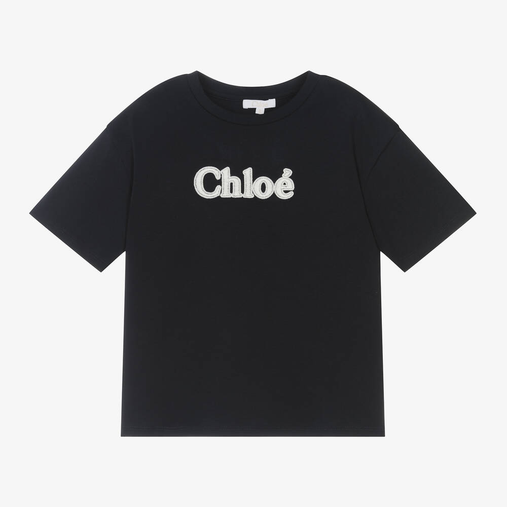 Chloé-Girls Navy Blue Embroidered Cotton T-Shirt | Childrensalon Outlet