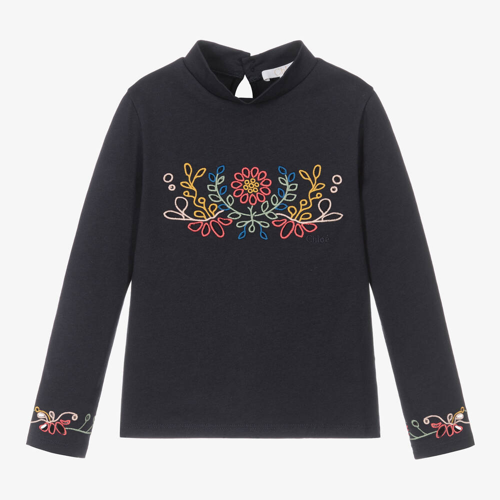 Chloé - Girls Navy Blue Floral Top | Childrensalon