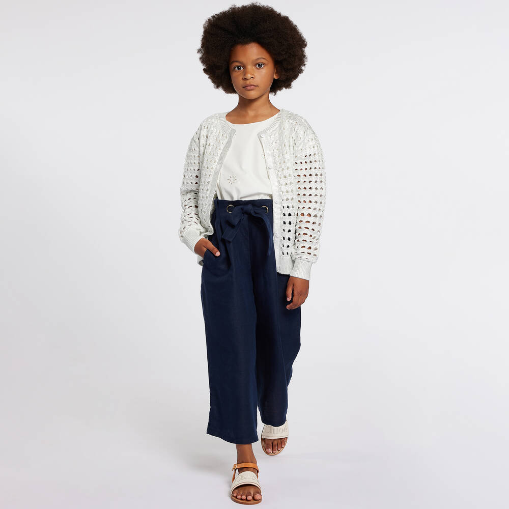 Chloe Girls Navy Blue Linen Trousers Childrensalon Outlet