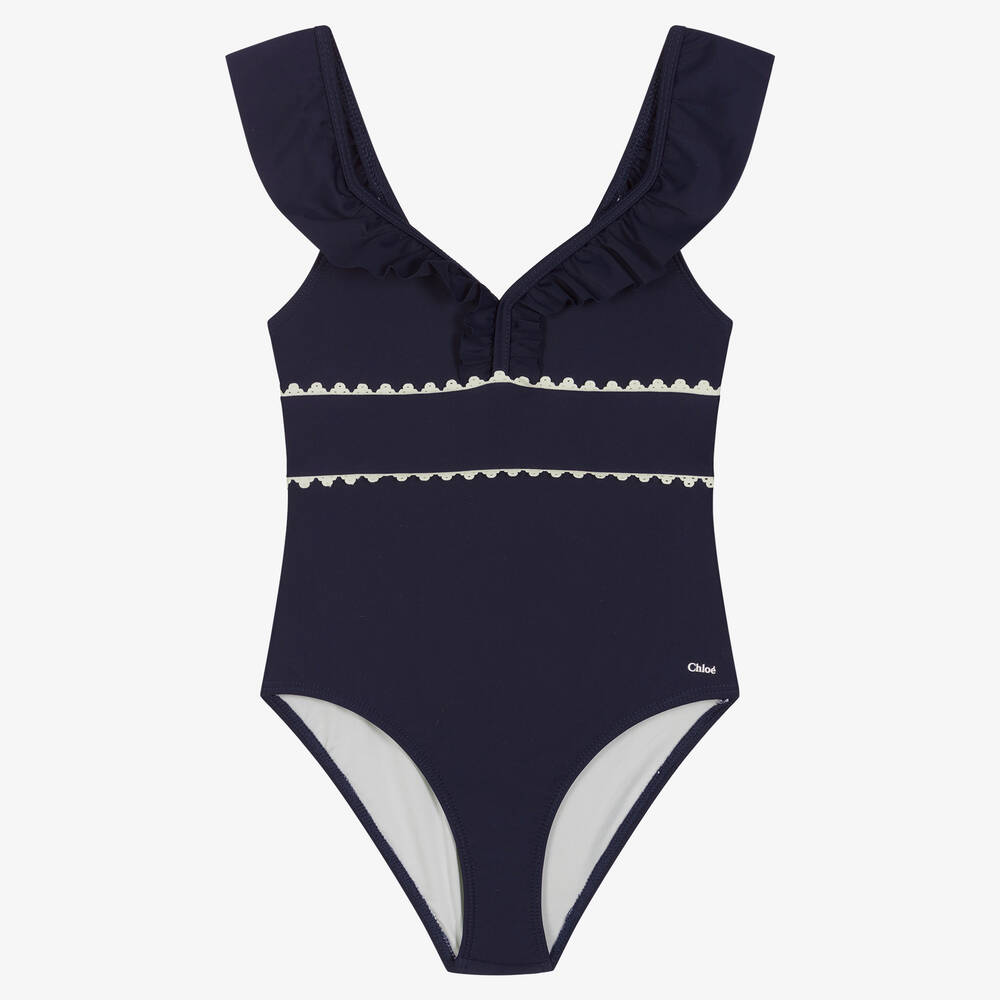 Chloé - Girls Navy Blue Ruffle Swimsuit | Childrensalon