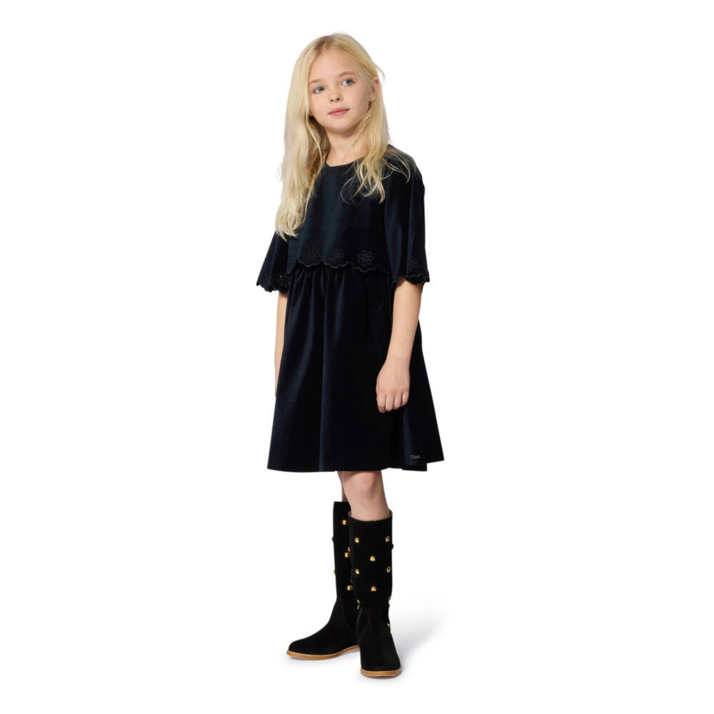 Chloé-فستان مخملي أزرق للبنات بحواف مموجة | Childrensalon Outlet