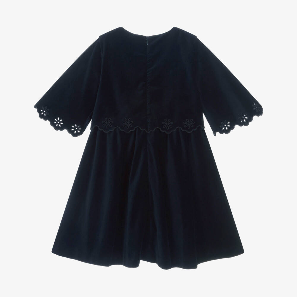 Chloé-فستان مخملي أزرق للبنات بحواف مموجة | Childrensalon Outlet