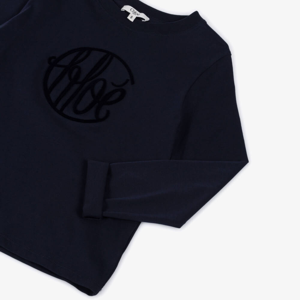 Chloé-تي شيرت قطن أزرق داكن للبنات بشعار | Childrensalon Outlet