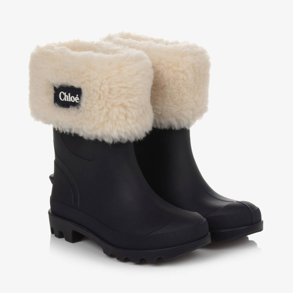Chloé-Girls Navy Faux Fur Rain Boots | Childrensalon Outlet